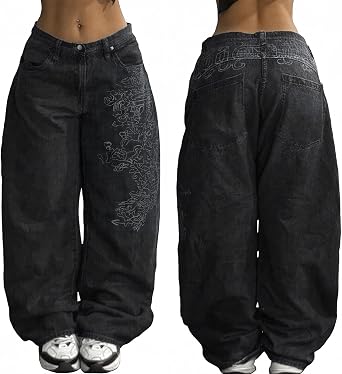 EMMIOL Women Boyfriends Hip Hop 90s Vintage Baggy Jeans Loose Denim Pants Mid-Low Waist Jeans
