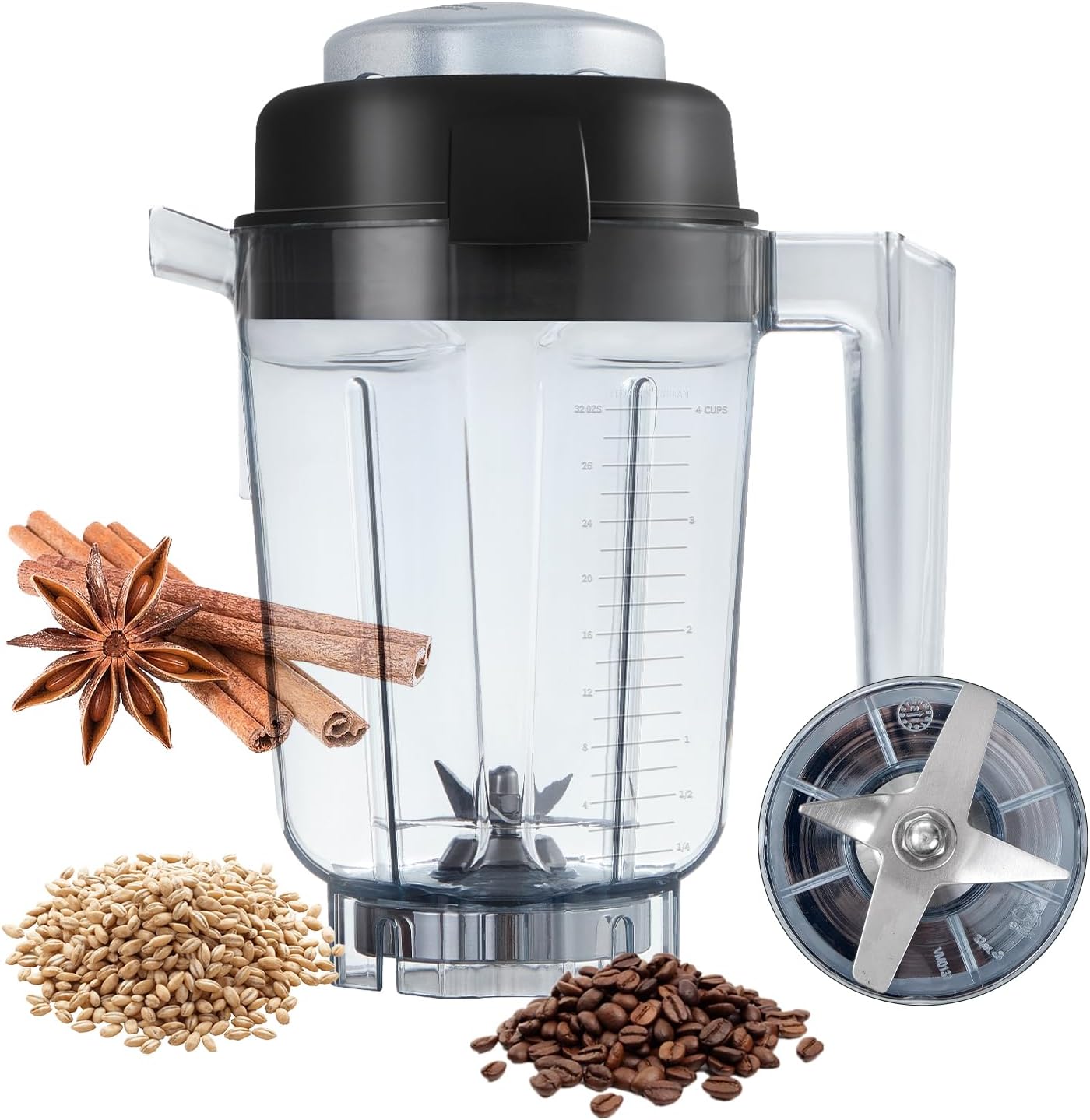 Dry Grains Container 32 oz with Dry Blade Compatible with 5200 5000 E310 VM0197 VM0102 VM0103 Professional Blenders, Dry Grain Mill Attachment Grinder Container Jar Pitcher Grind Grains Coffee - 3YR
