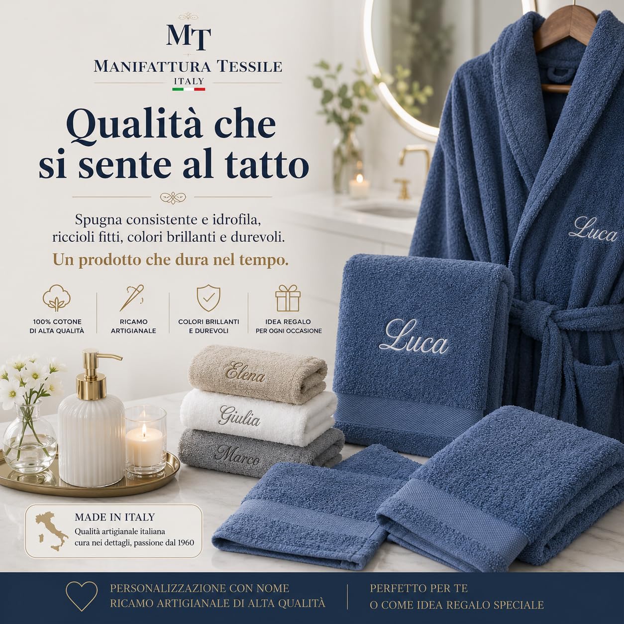 Accappatoio Personalizzato con Ricamo per Uomo e Donna, 100% Cotone, Con Cappuccio, Alta Qualità