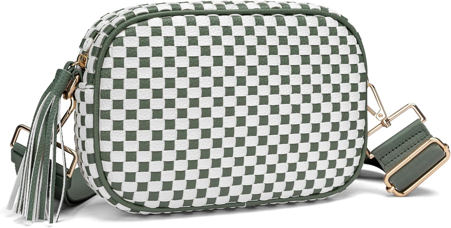 Small Checkered Crossbody Bag for Womenl Cute Vegan Leather Purses Trendy Shoulder Handbags Wide Strap