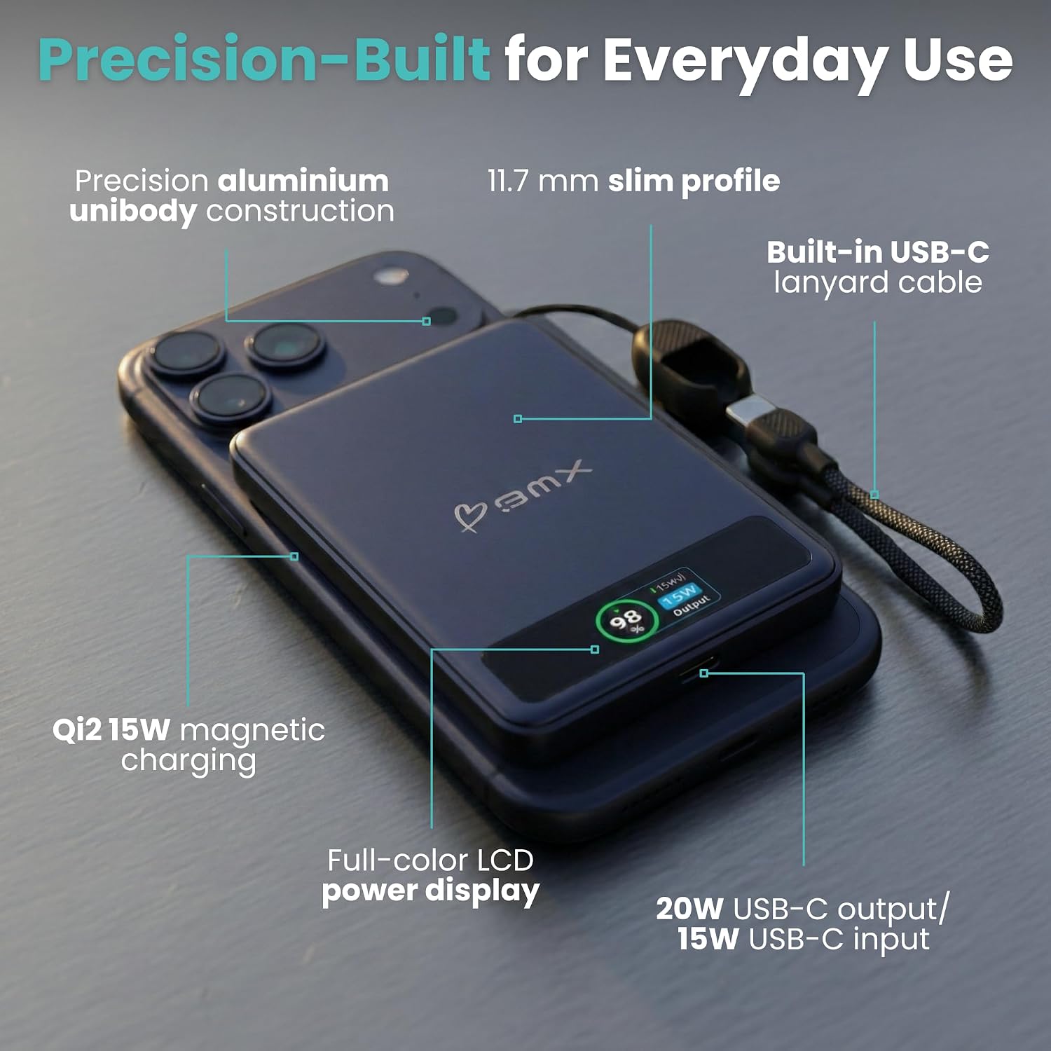 5K Magnetic Power Bank, Blue, Qi2 Certified 15W Wireless Charger, LCD Display, Ultra-Slim Solid-State Battery Pack for iPhone 17/16, Lightweight Travel, Everyday Use USB-C Portable Charger