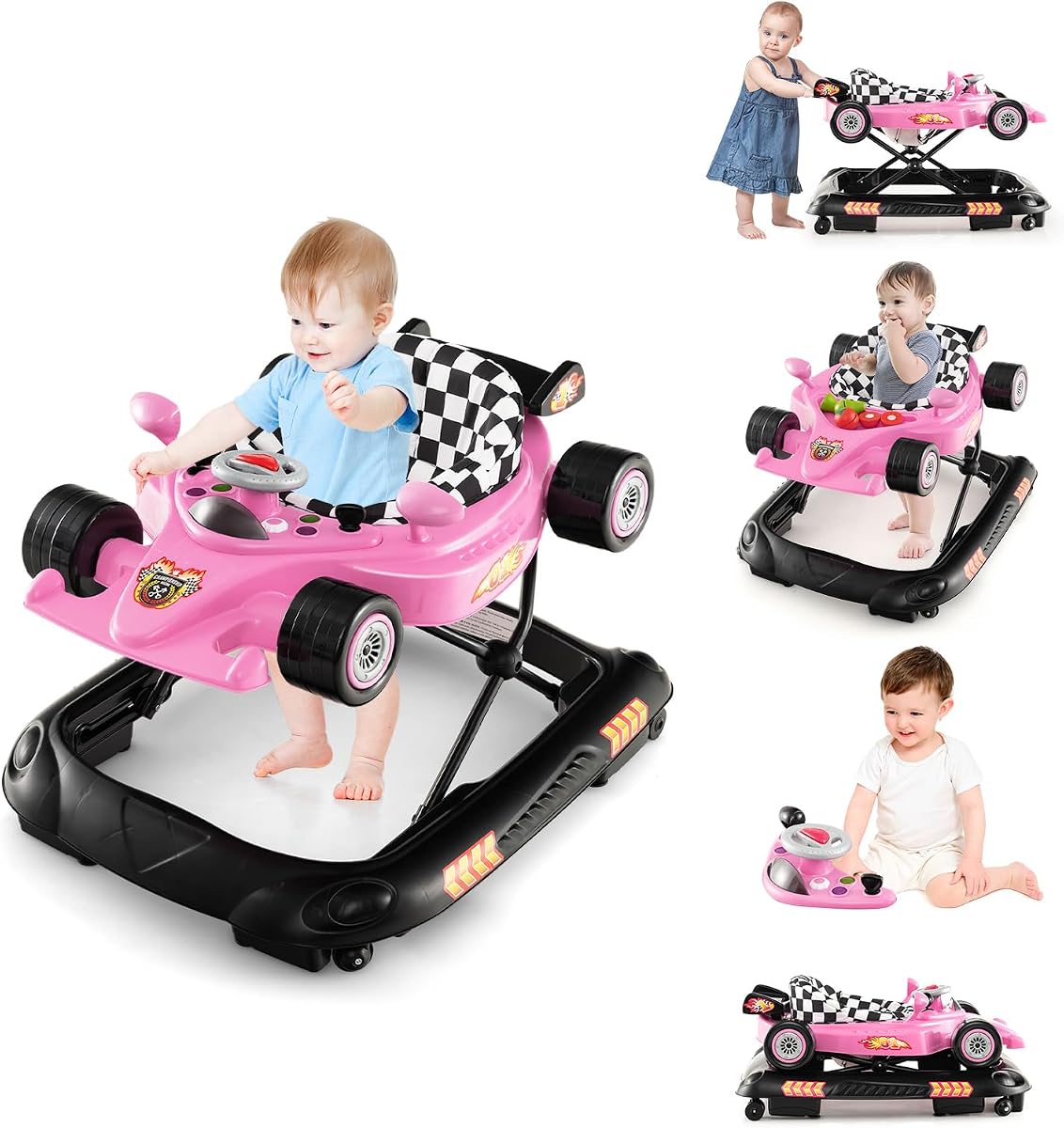 BABY JOY Andador para Bebés 4 en 1, Andador de Actividades Plegable con Altura Ajustable, Música y Luces, Antivuelco, Andador para Bebés con Ruedas para Niños Niñas de 6 a 14 Meses (Rosa)