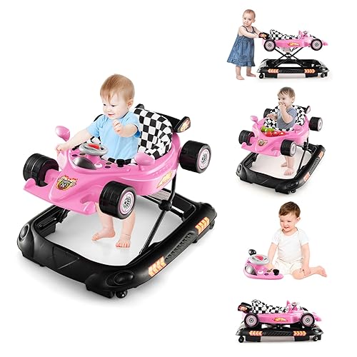 Miniatura 10 de BABY JOY Andador de bebé 4 en 1, caminador de actividad plegable con altura ajustable, música y luces, no se vuelca, andador de empuje para niños y