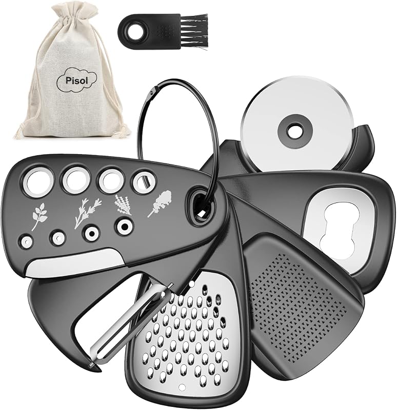 Pisol Kitchen Unique Gadgets Set 6 Pieces, Space Saving, Cheese Grater, Bottle Opener, Fruit Vegetable Peeler, Pizza C