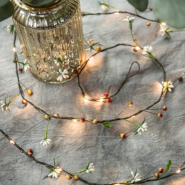 6.6Ft Tiny Flower and Fruit Vine Fairy String Lights 20 LED Artificial Flower Decorative Night Light Battery Powered String Light for Christmas Wedding Garden Birthday Decor