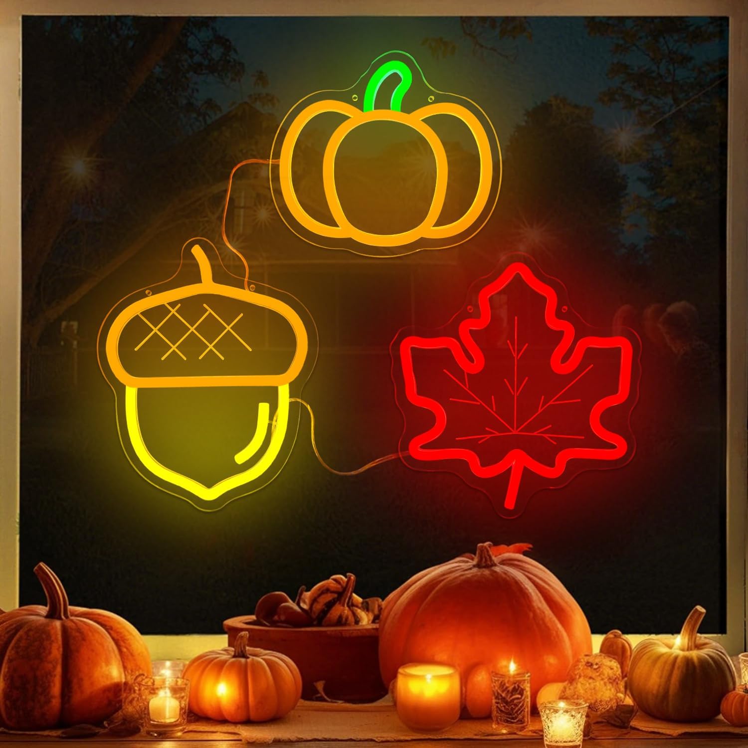 Thanksgiving Neon Signs for Wall Decor 3-Piece Fall Window Lights Dimmable Maple Leaf Acorn Pumpkin Led Sign Fall Autumn Harvest Neon Gifts Decorations - Image 2