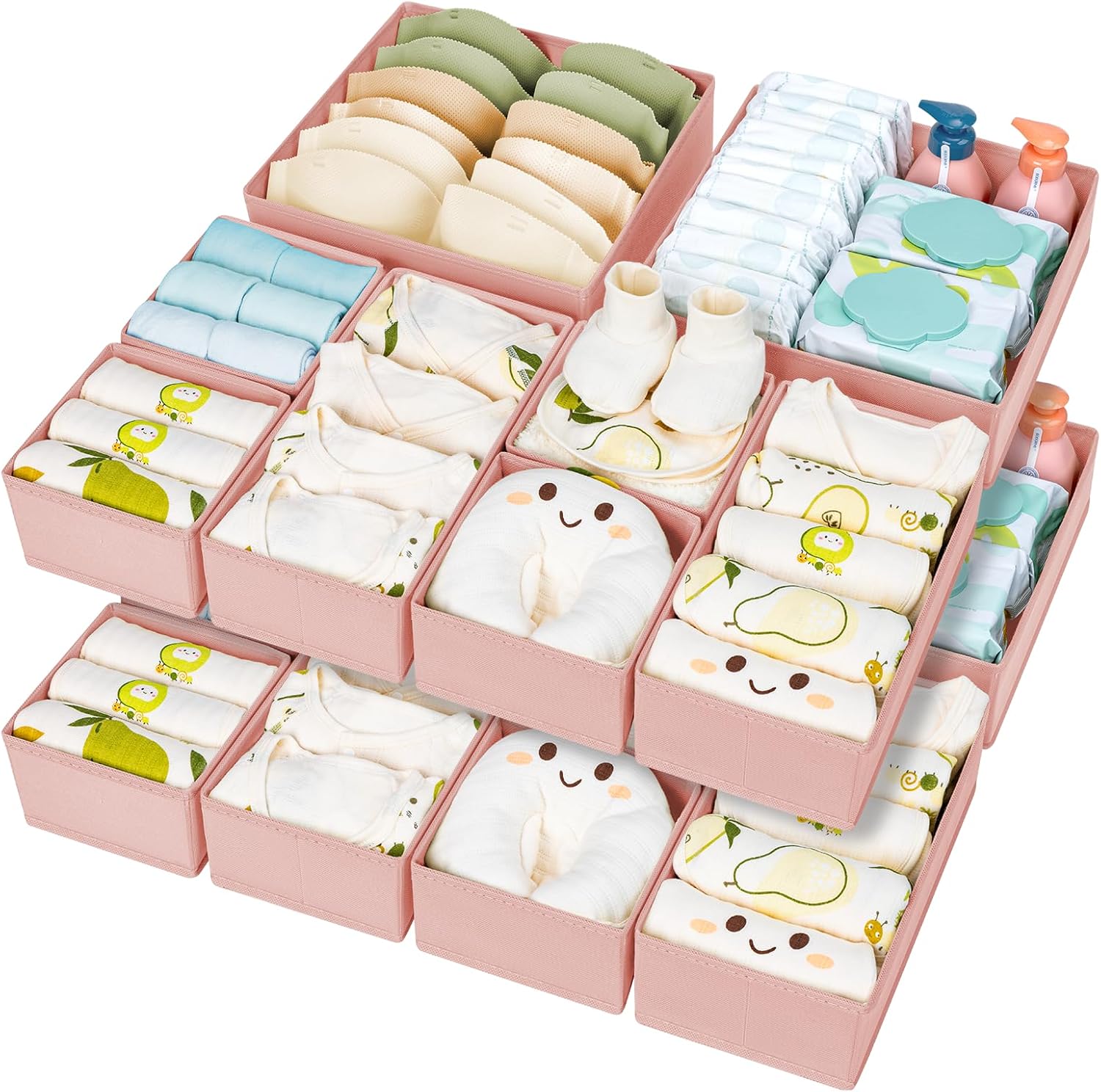 Homsorout 15 Pack Drawer Organisers Foldable Storage Box – Fabric Clothes Wardrobe Dresser Organization Drawer Dividers Cubes for Socks, Underwear, Ties, Bedroom, Pink