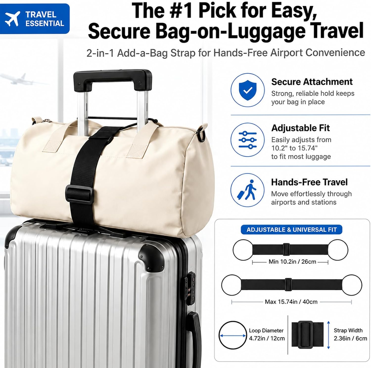 2Pcs Luggage Straps for Suitcases 2-in-1 Add a Bag Strap Adjustable Elastic Bag Bungee Travel Belt for Suitcase Handle Carry On Backpack and Airport Travel Accessories (Black)