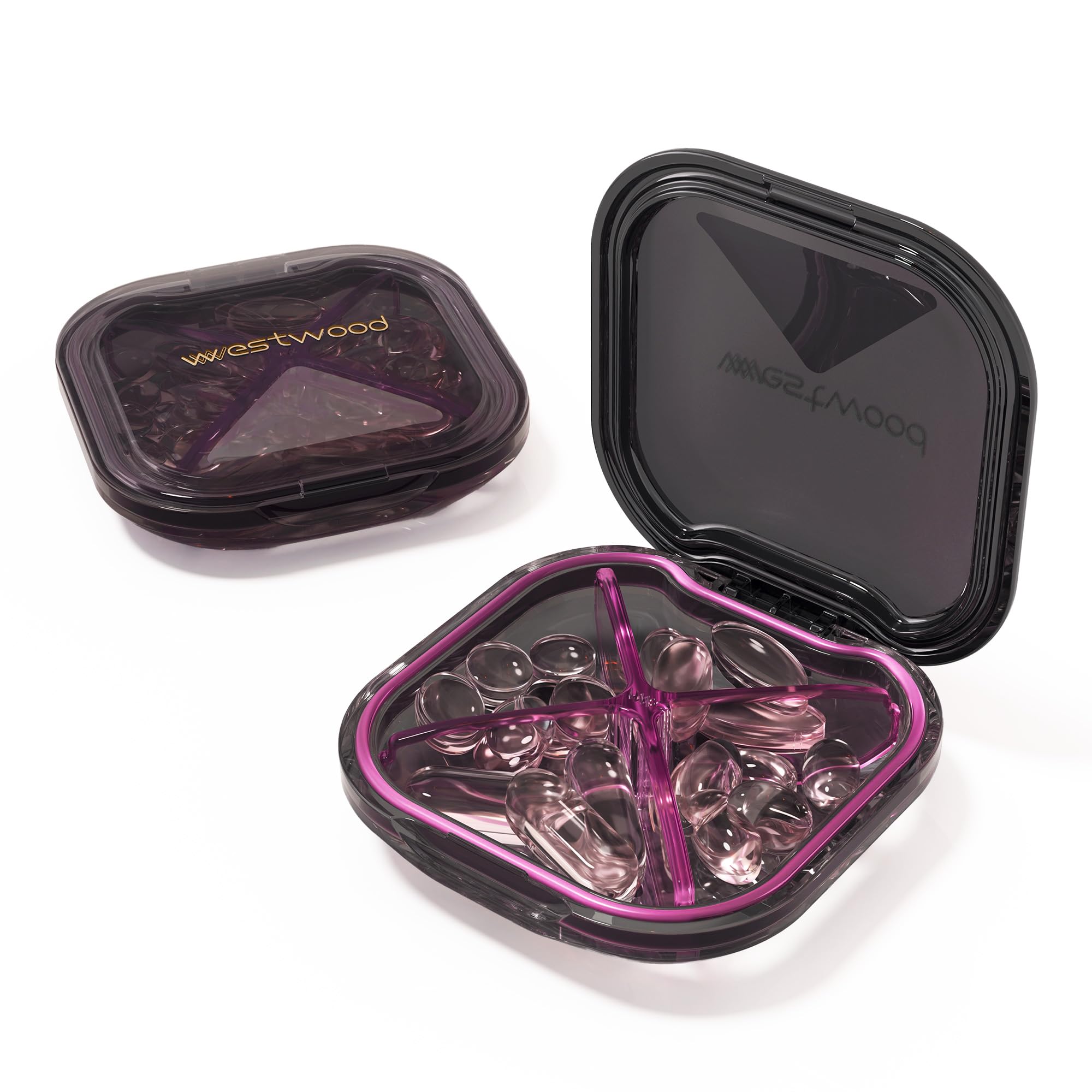 1 Pack Small Purple Pill Organizer, 4 Compartments, Compact Stylish Travel Camping Pill Box Case, Portable and Moistureproof to Store Vitamins, Medication and Supplements