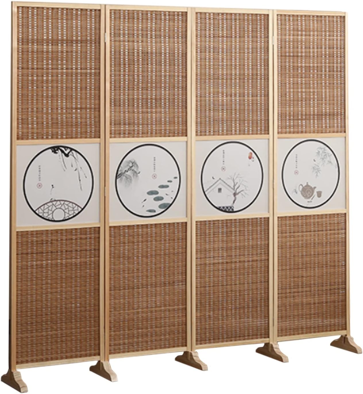 Folding Privacy Wall Room Divider 4 Panel, Bamboo Door Partition for