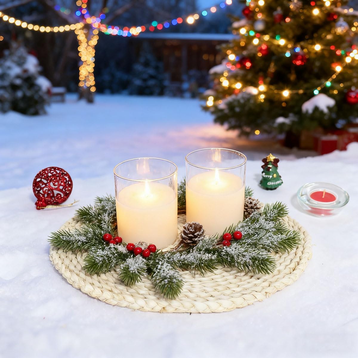 2 Pcs Christmas Candle Rings - Frosted Pine Garland with Red Berries and Pinecones, Mini Artificial Wreaths 11 Inch Xmas Snowy Pine Garland Candle Ring Holder for Table Centerpieces Wedding Decoration