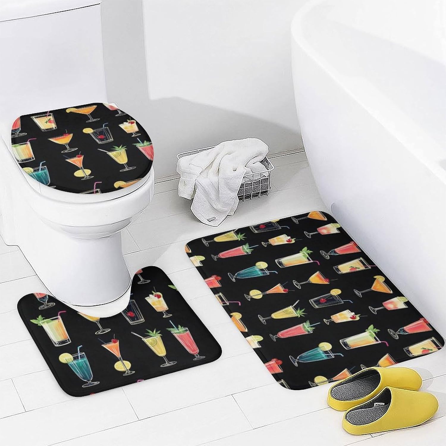 4 Pcs Bathroom Sets with Shower Curtain and Rugs - Fashion Modern Colorful Cocktail Print Bathroom Mat Set Decor Accessories for U Shape and Toilet Lid Cover Mat with 12 Hooks