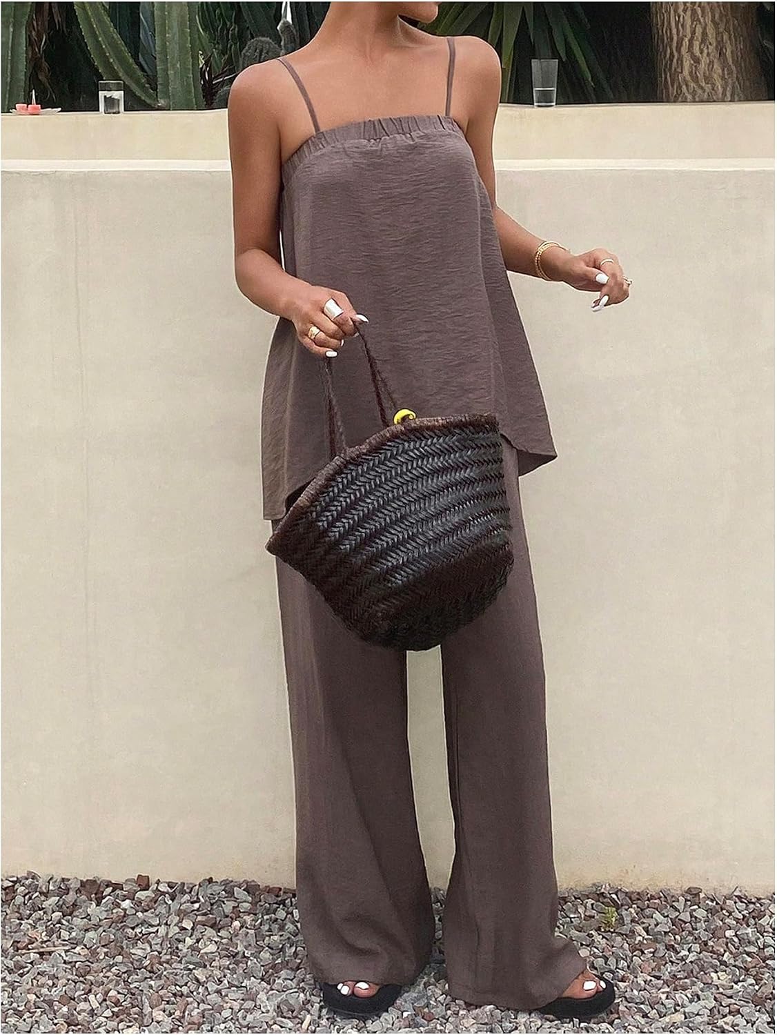 Verdusa Women's 2 Piece Linen Sets Flowy Cami Tops with Wide Leg Pants Boho Vacation Outfits