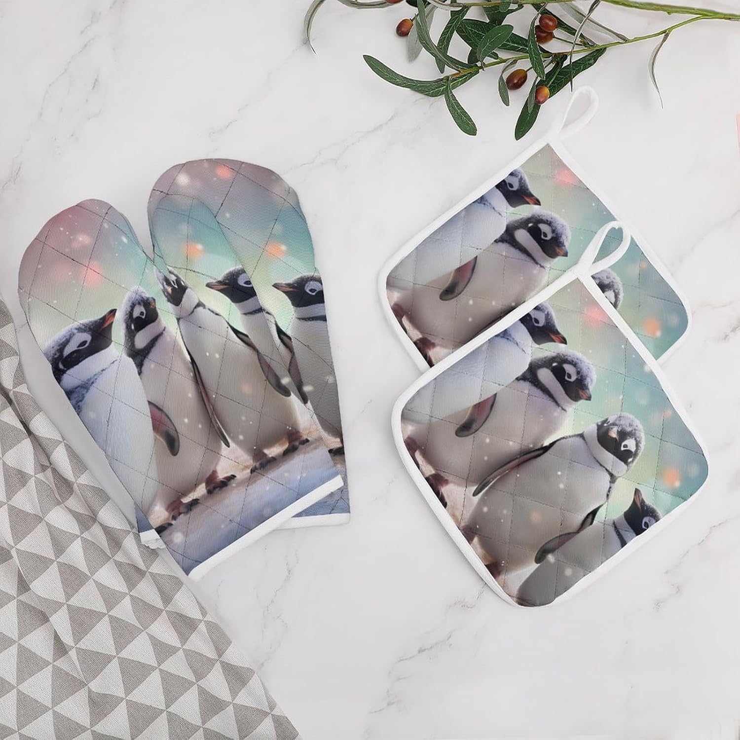 Penguin Birds 4 Pcs Oven Mitts and Pot Holders Set High Heat Resistant Long Kitchen Oven Glove Potholders