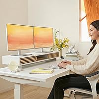 Vista 2 de Dual Monitor Stand Riser with Sliding Door, Double Computer Laptop Stand Desk Shelf Organizer with Storage (White + Natural Bamboo, 38 Inch)
