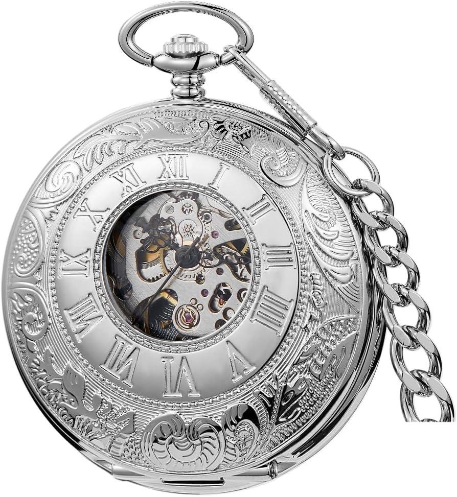 Vintage Design Case Mechanical Men's Watch Double Face Roman Numerals Clock Hand Wind Pocket Watch with Chain&Box
