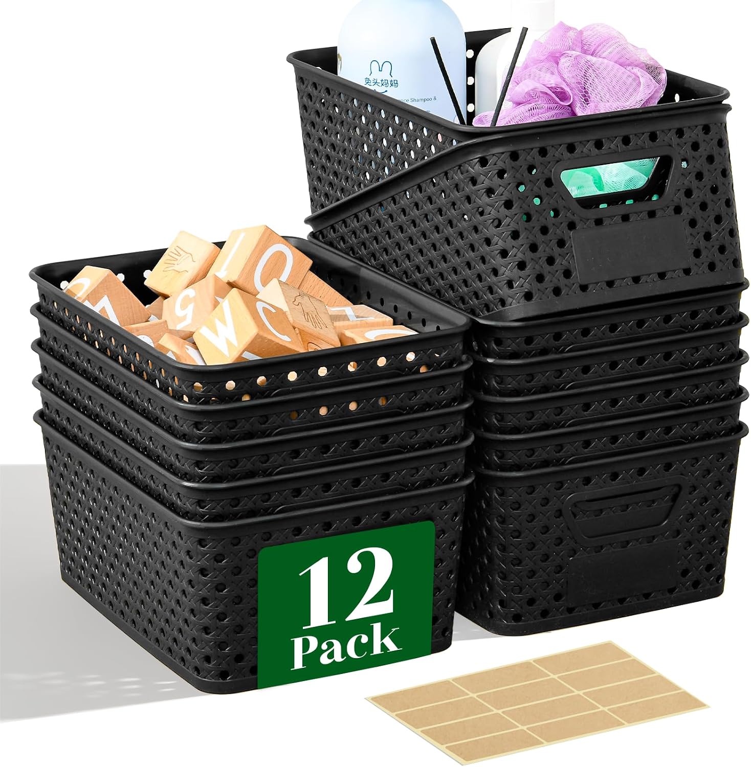 12 Pack Plastic Storage Baskets for Organizing, Storage Baskets for Shelves with Handles, Small Storage Bins with Labels, Classroom Storage Organization for Cabinet,Closet, Office,Black
