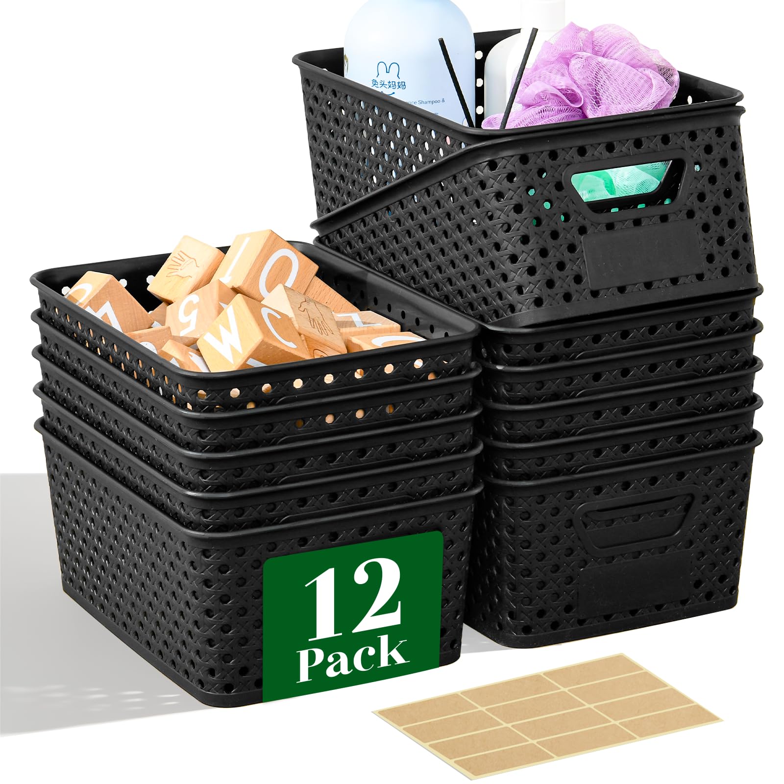 Photo 1 of 12 Pack Plastic Storage Baskets for Organizing, Storage Baskets for Shelves with Handles, Small Storage Bins with Labels, Organizer Baskets for Cabinet,Closet, Office,Black