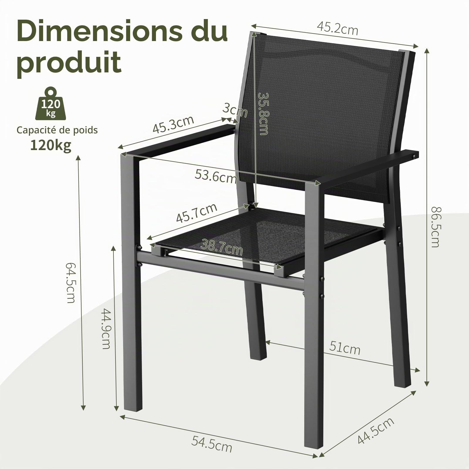 LIFERUN Lot de 4 chaises de Jardin, chaises empilables d'extérieur Respirant avec accoudoirs, Chaise de Salle à Manger en métal et Teslin, pour Jardin, Piscine, terrasse, jusqu'à 120 kg, Noir, 4 PCS
