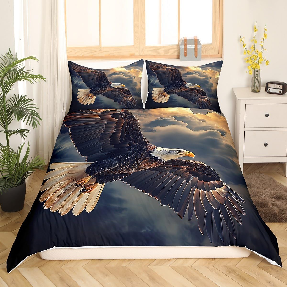 Manfei Flying Eagle Duvet Cover King Size,Wild Nature Animal Comforter Cover(No Filler) with 2 Pillowcases Bedspread,Nature Clouds Sky Sunshine Print Microfiber Quilt Cover for Adult Women,3 Pcs