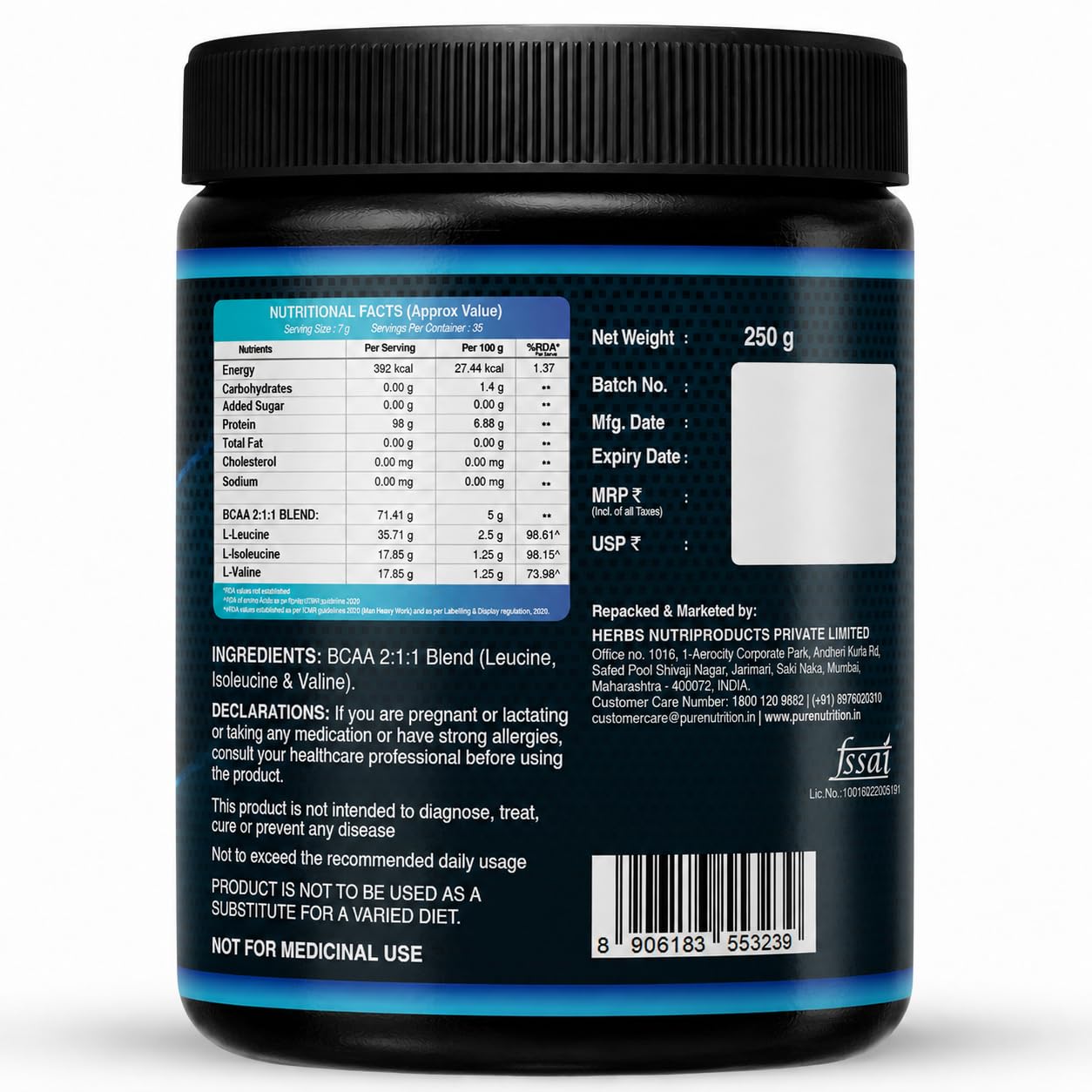 Pure Nutrition BCAA Powder 2:1:1 | 5000mg Branched Chain Amino Acids | Sugar-Free Pre & Intra Workout Supplement | Muscle Recovery & Endurance | Unflavored | 250g (35 Servings) — Amazon image 8