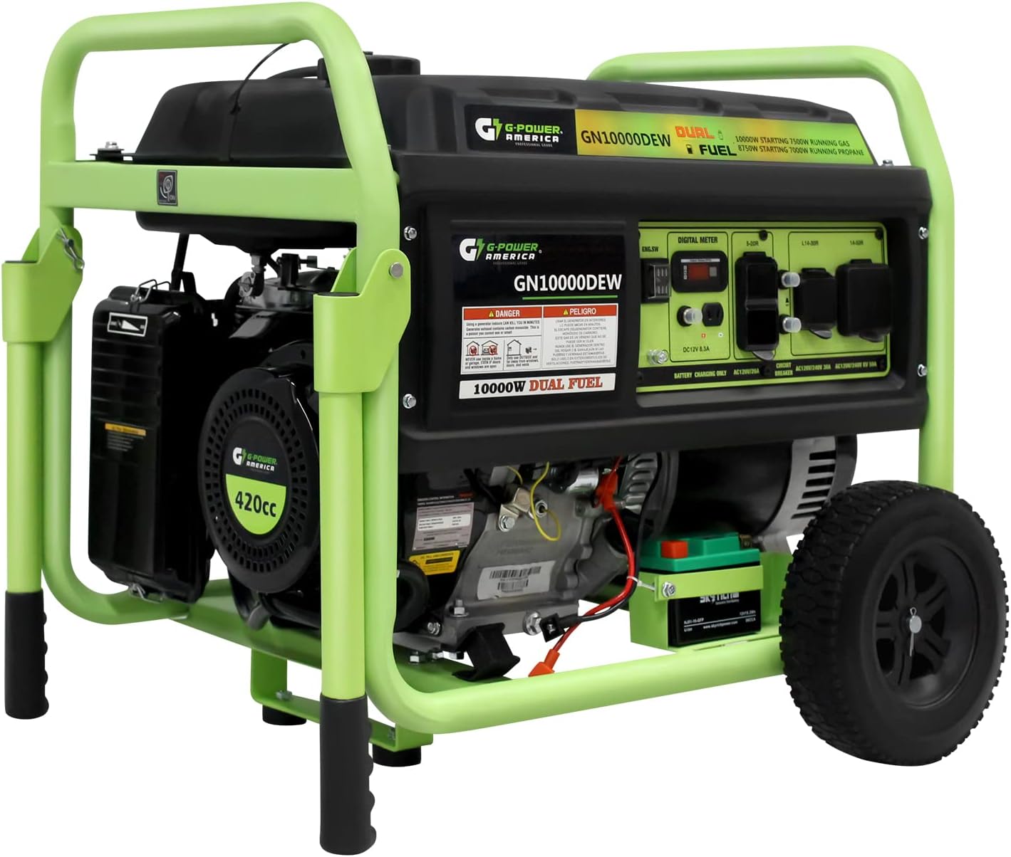 - Green-Power America 10000 Watt Dual Fuel Portable Generator, Gas/Propane Powered, Electric Start, Home Backup & RV Ready