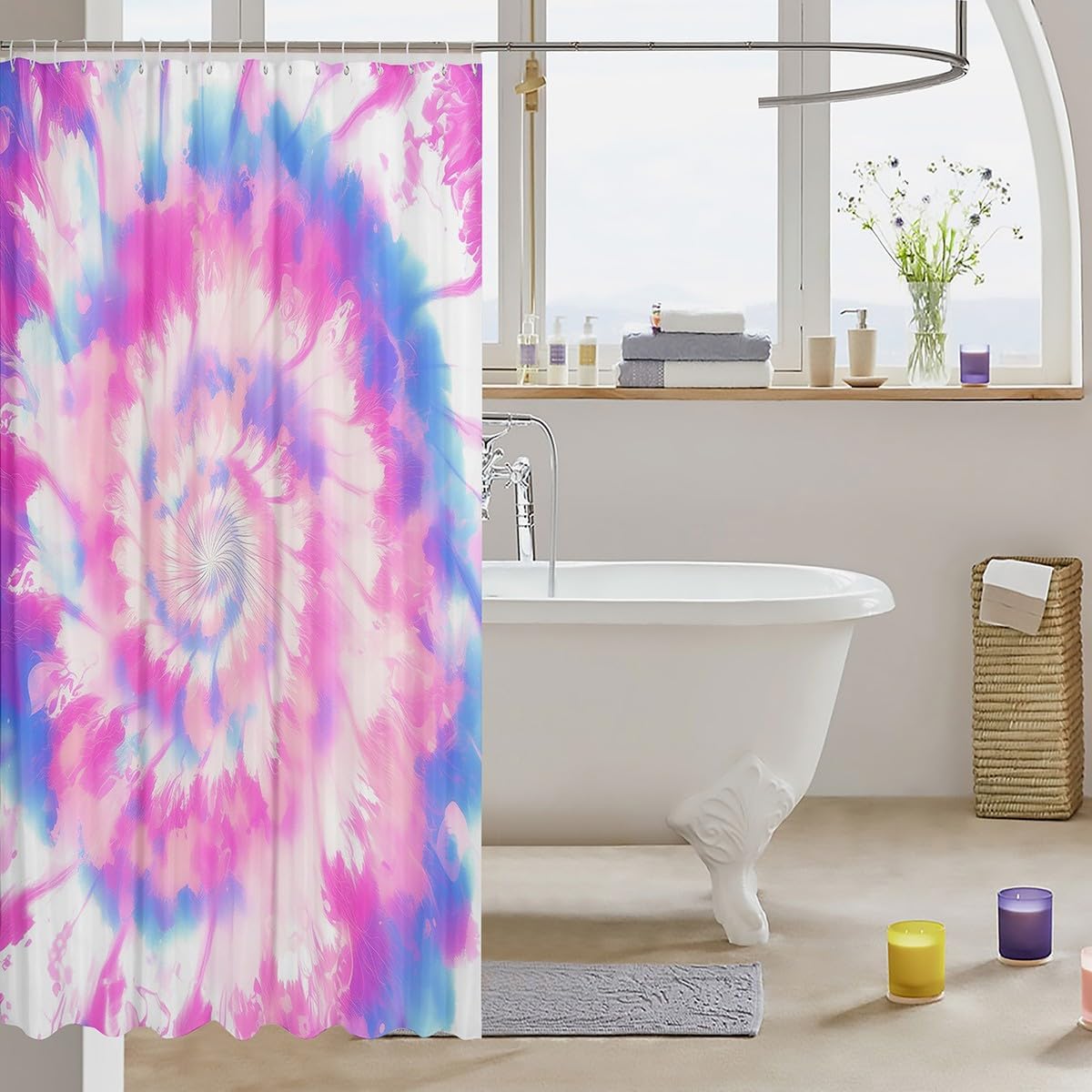 Homewish Pink Tie Dye Shower Curtain, Colorful Spiral Gypsy Psychedelic Swirl Bobo Style Bath Curtain Decor with Hooks, Waterproof Fabric Bathroom Accessories, 72Wx84L Inch