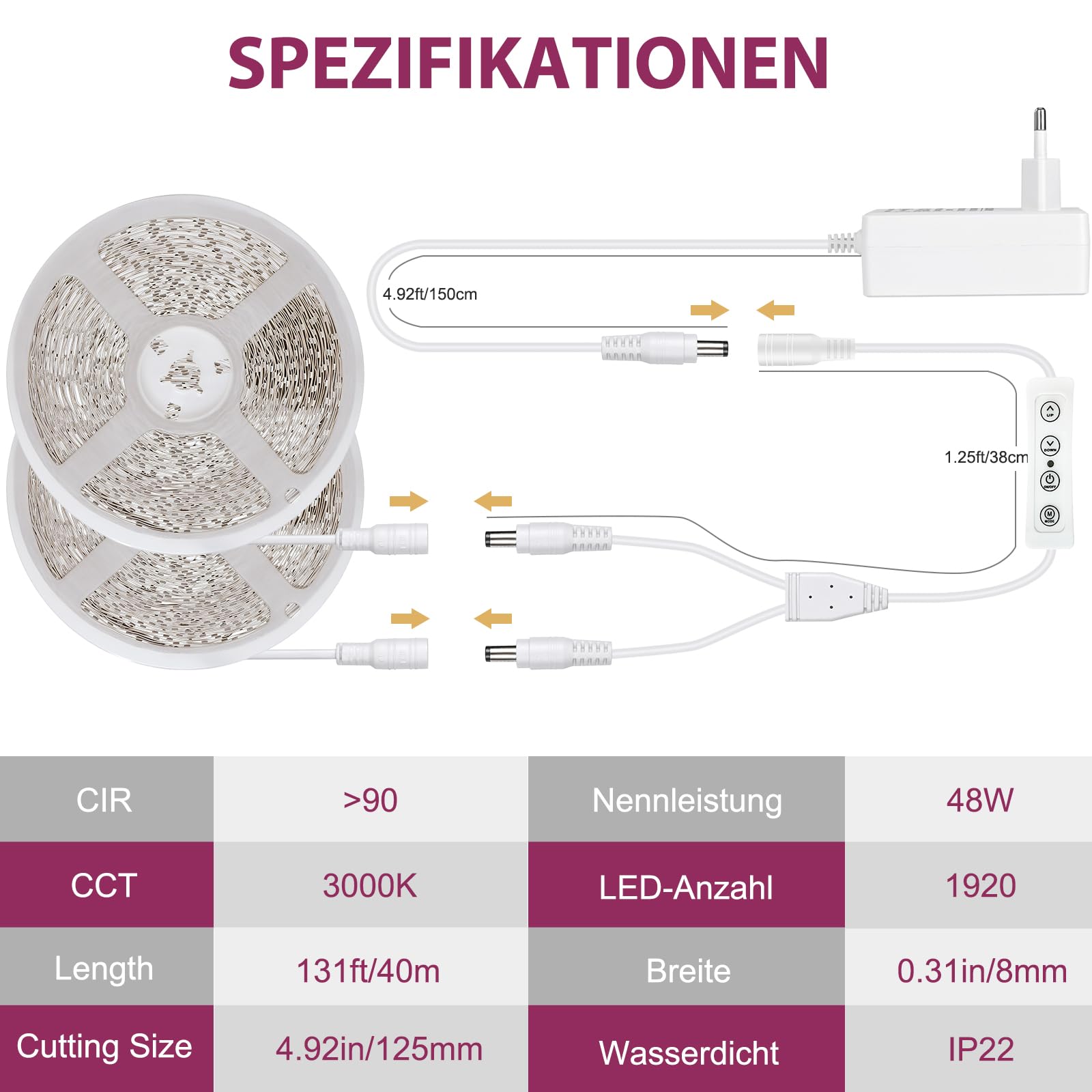 Wefomey Striscia LED 40 m, luce bianca calda, 3000 K, dimmerabile, 24 V, autoadesiva, 2835, flessibile, fai da te, 1920, con alimentatore di rete e telecomando RF per interni e cucina