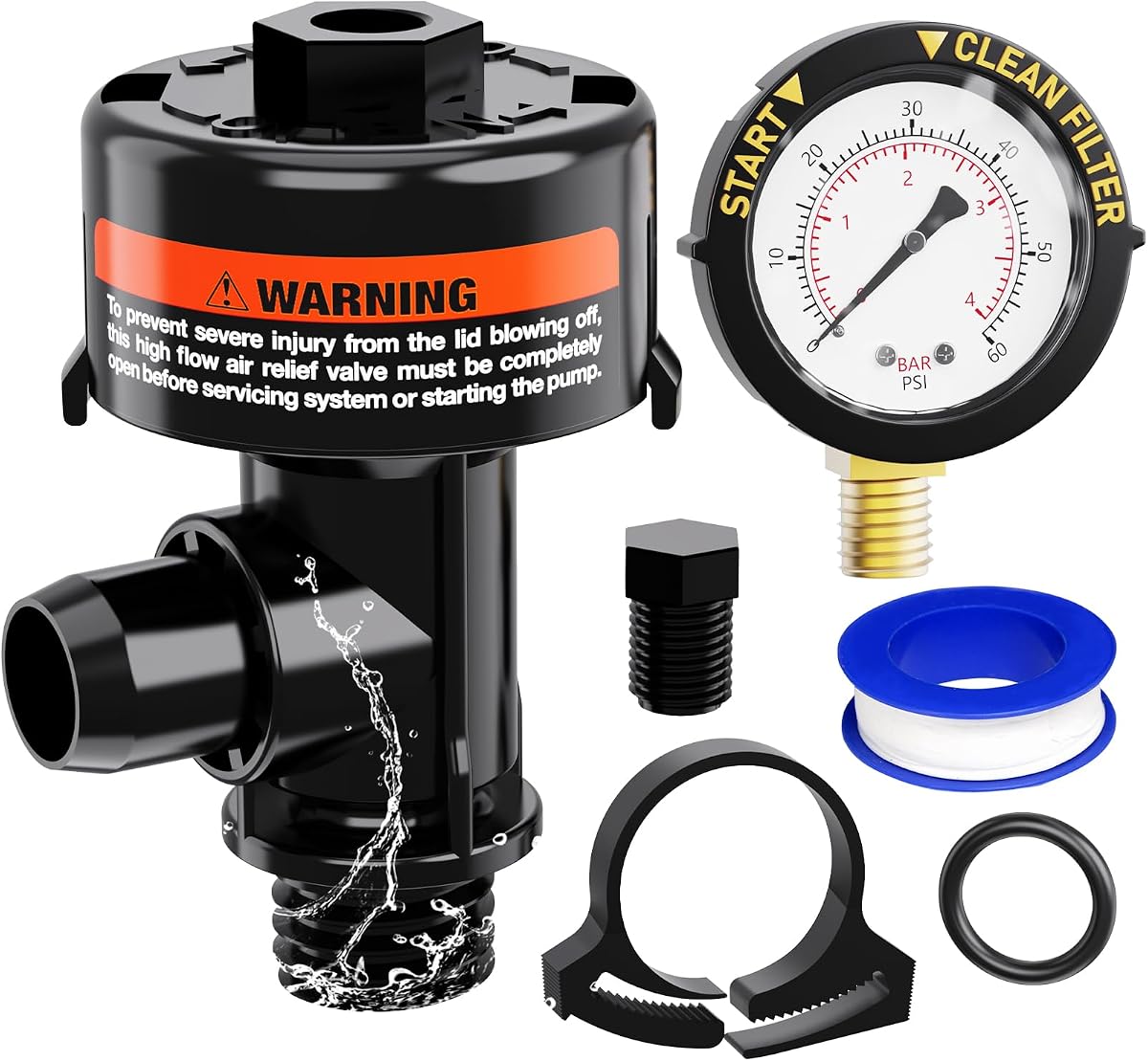 Válvula de alivio de aire manual para filtros de piscina y spa, válvula de alivio de aire de filtro de piscina con reemplazo de manómetro, válvula de alivio de aire para filtro de piscina, incluye tapón de manómetro, manómetro, juntas tóricas, clips.