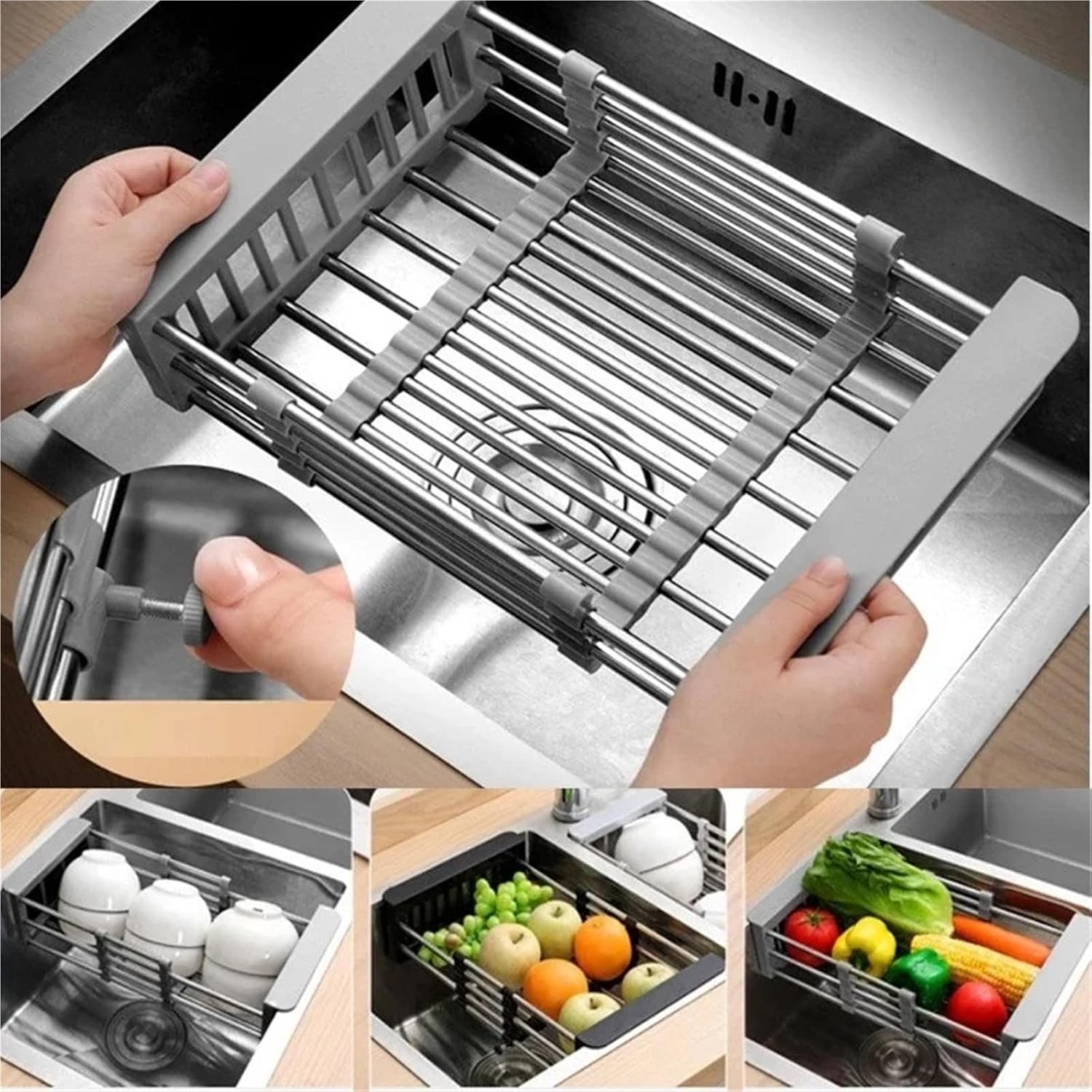 Adjustable Stainless Steel Dish Drainer, Drain Rack Fruit and Vegetable Washing Drainer, Tableware Drain Basket, Kitchen Storage(Small)