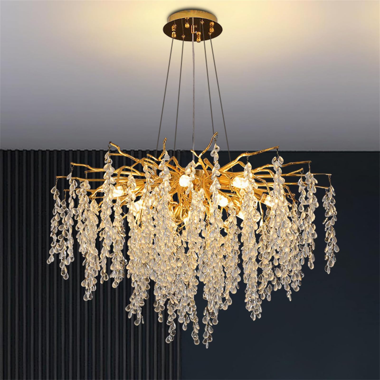 SXECAEPS Modern creative chandelier D80cm Gold Luxury Crystal Lighting, Modern Round Ceiling Pendant Light Fixture, Height Adjustable Tree Branch for Dining Room, Kitchen Island, Bed