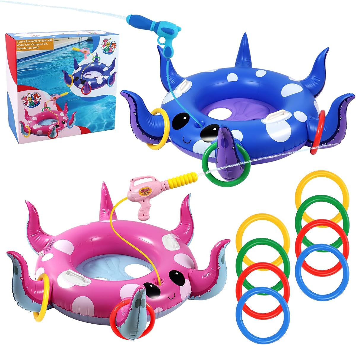 2 Pack Octopus Kids Pool Floats with Water Gun & Ring Toss Game | Summer Swimming Inflatable Pool Toys for Kids Ages 3-8, Outdoor Beach Water Play Gifts for Toddlers (Blue & Pink)