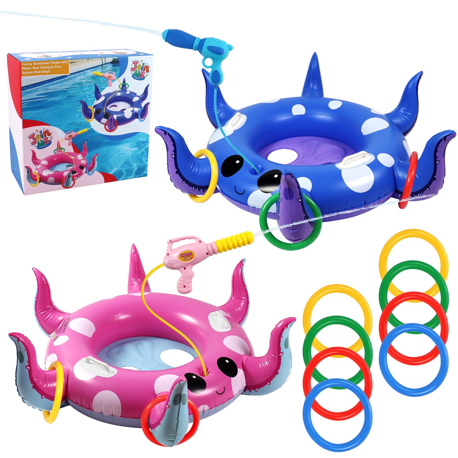 Photo 1 of 1 Pack Octopus Kids Pool Floats with Water Gun & Ring Toss Game, Summer Swimming Inflatable Pool Toys for Kids Ages 3-8, Outdoor Beach Water Play Gifts for Toddlers (Blue & Pink)