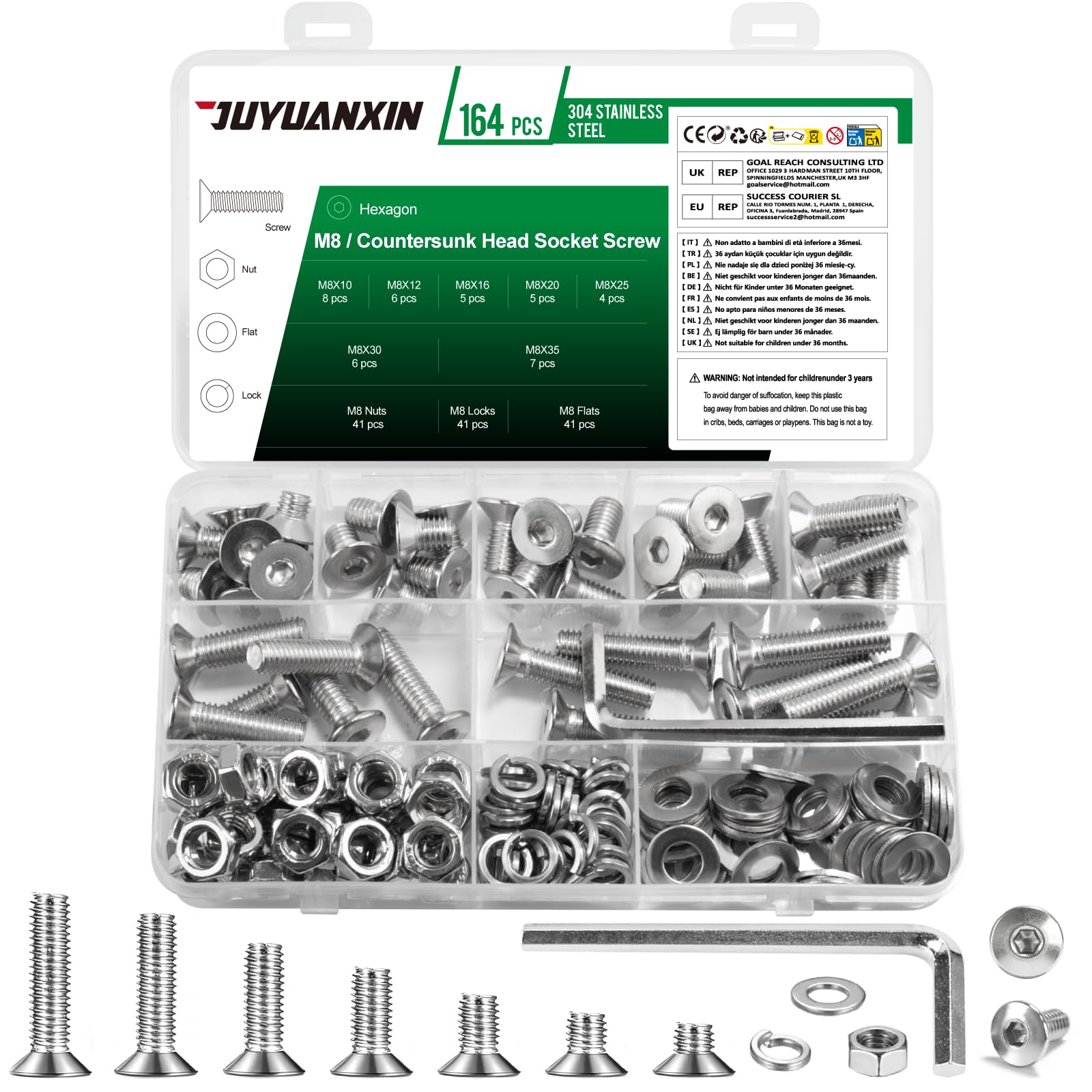 164 Pcs M8 Countersunk Bolts and Nuts Sets, Flat Head Hex Socket Head Cap Screws Assortment Kit, Stainless Steel Countersunk Machine Screws Assorted Nuts and Bolts with Washers