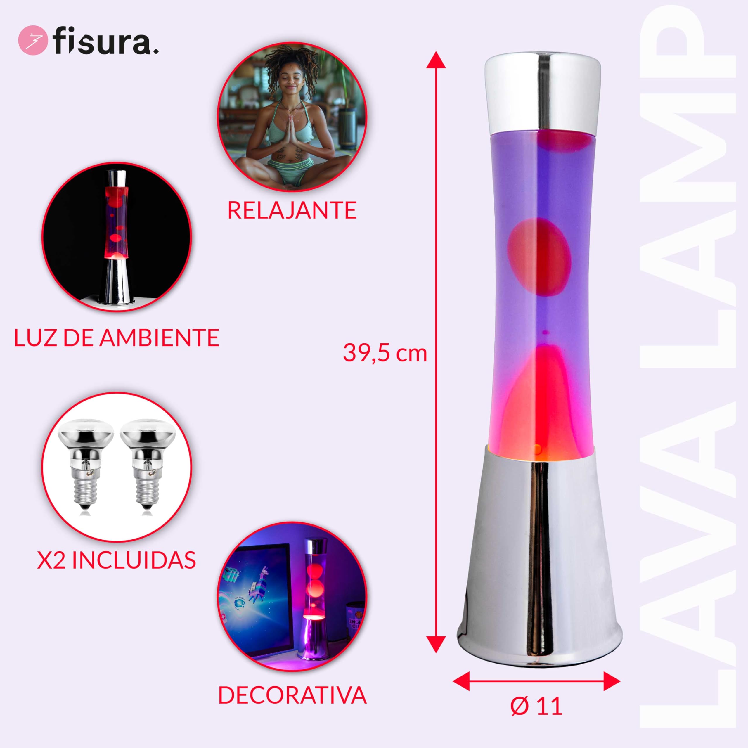 Fisura - Lámpara de lava roja y morada. Base plateada cromada, líquido morado y lava roja. Lámpara efecto relajante. Con bombilla de repuesto. 11 cm x 11cm x 39,5 cm.