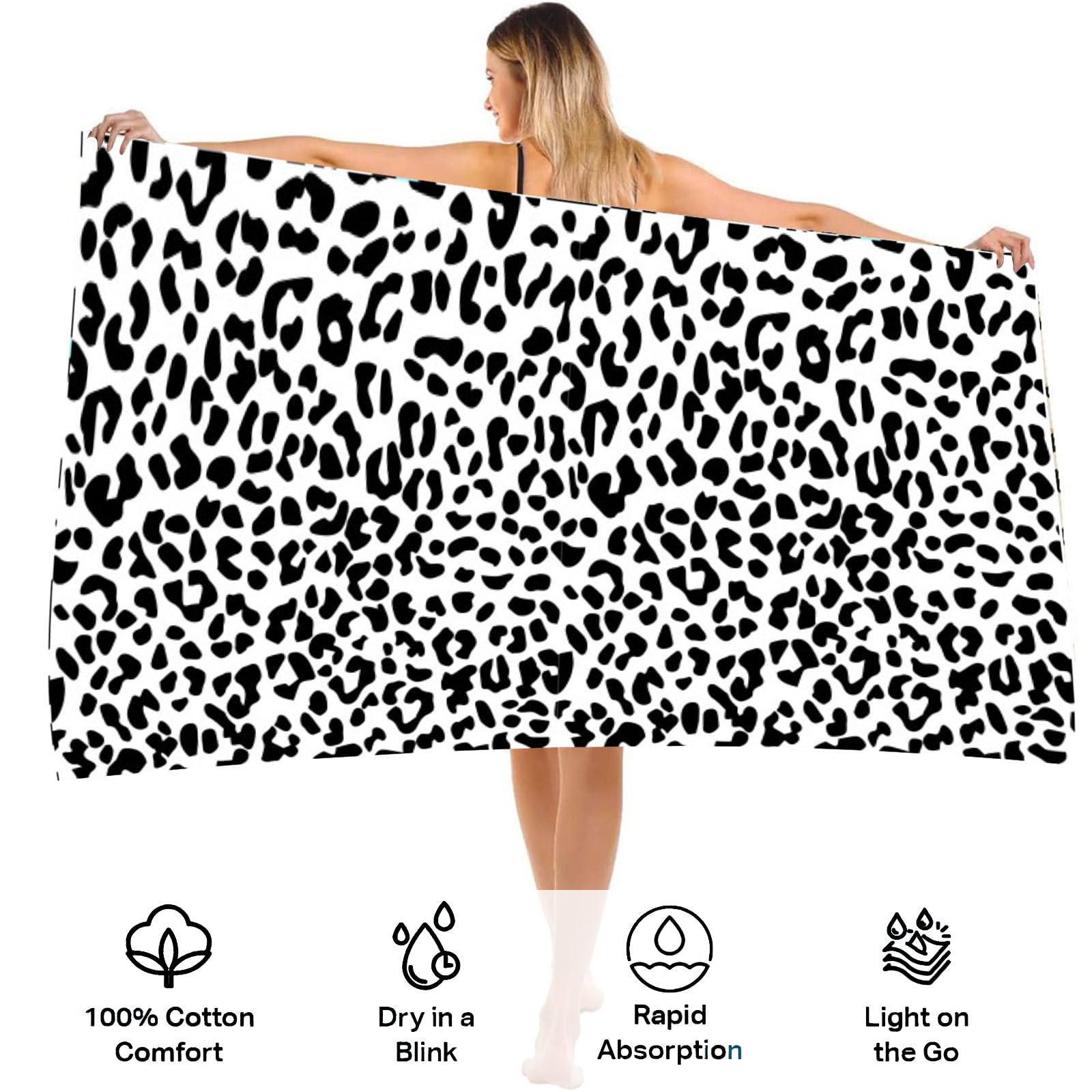 Large Quick Dry Microfibre Beach Bath Towel for Adult,Black White Leopard Print Sand Free Beach Towel with Bag,Lightweight Gym Yoga Sports Towel,Compact Travel Summer Beach Towel for Women Men - Image 3