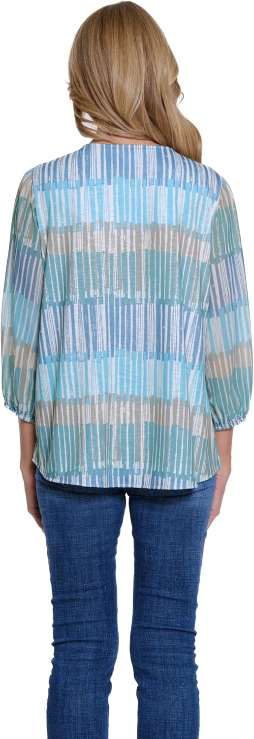 MULTIPLES Women's Three Quarters Sleeve Notch Neck Embroidery Top, Multi - Image 2