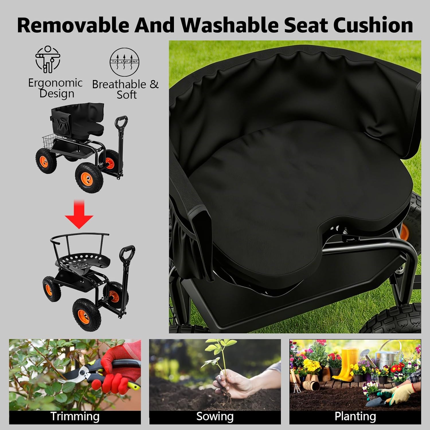Garden Seat with Wheels, 400lbs Rolling Garden Stool, with Height Adjustable & 360° Swivel Seat, Tool Tray & Storage Basket, Outdoor Gardening Scooter, Garden Cart Workseat for Yard, Patio