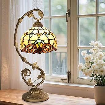 Tiffany Style Table Lamp,21 inch High Stained Glass Lamp for Bedside,Living Room,Bedroom,Office,3 Color Temperature E26 BlubBeige Baroque