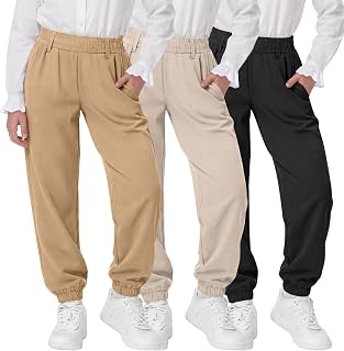 3 Pack Girl's Uniform Pants School Wear Elastic Waist Jogger with Pockets Pull on Stretchy Loops 5-14 Years