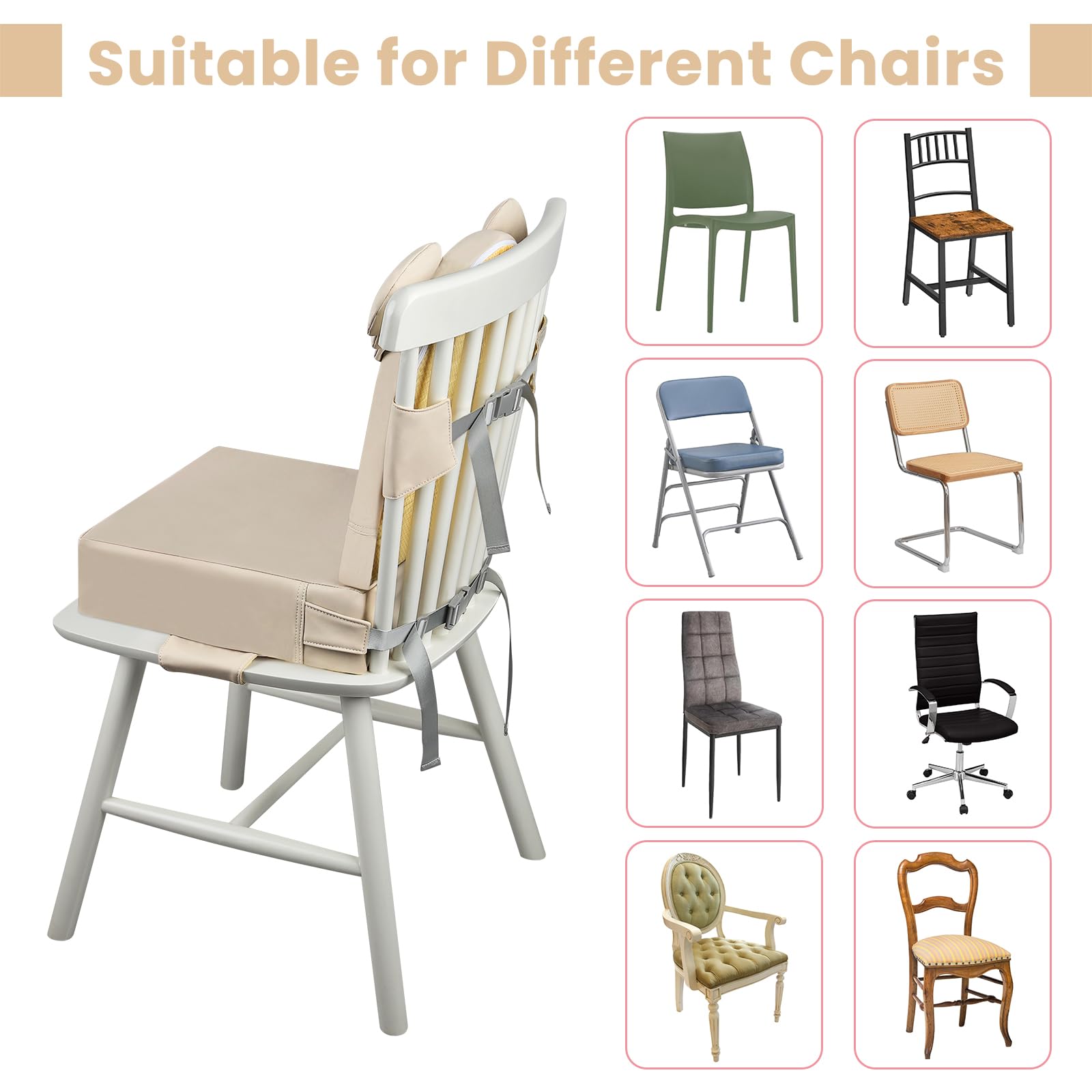 Silla Elevadora para Niños para la Mesa, 10cm PU Impermeable Cojín Con Respaldo y Ajustables Cinturón de Seguridad, 36 x 32 x 10 CM - Koala Caqui
