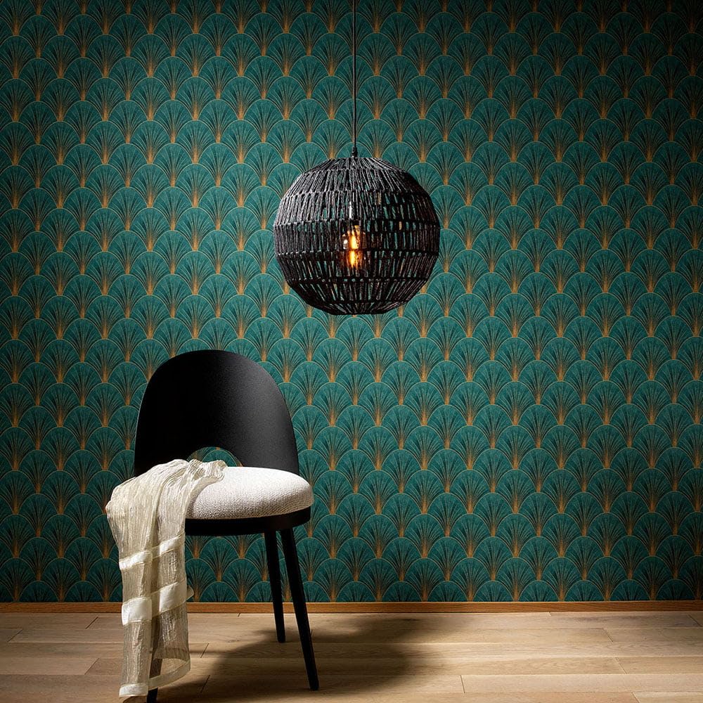 Erismann Wallpaper - Vinyl Wallpaper - Green - Art Deco Fan Pattern