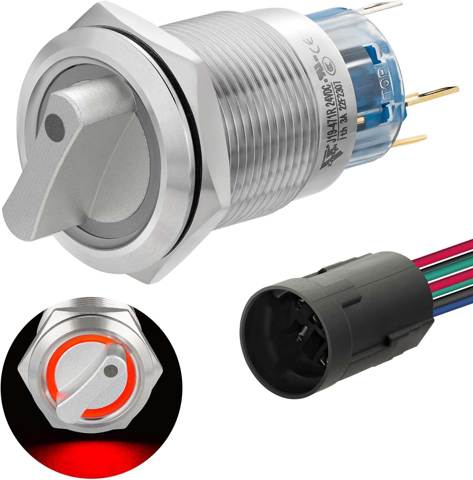 Rotary Switch 19mm 3/4in 2 Positions with Red Led Light Latching Select Selector Switch 12V~24V DC/AC SPDT 1NO 1NC (19mm 2 Positions, Red)