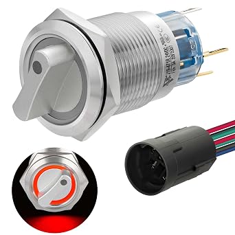 UL Listed 3 Position Rotary Switch 22mm 12V-24V DC/AC, Latching Selection Switch 5Amp 1NO 1NC 5Pin On Off 7/8" Mounting Hole Red LED