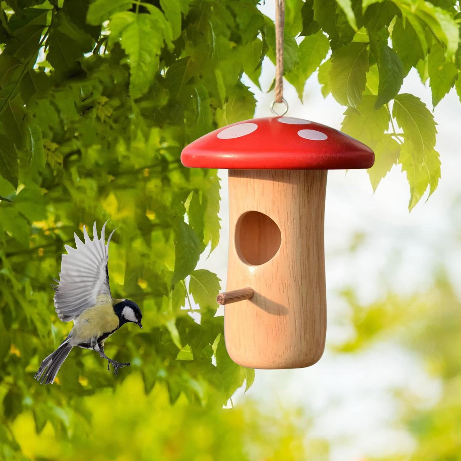 thumbnail: Hummingbird House Paddenstoel Vogelnest - Houten Hangend Vogelhuisje Rood/Bruin