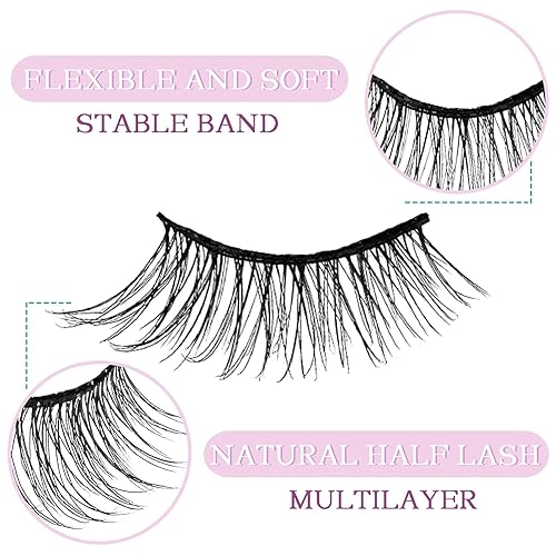 Miniatura 4 de SLSXNL Pestañas postizas de aspecto natural, con banda negra, esponjosas, ojo de gato, 10 pares reutilizables de media pestaña