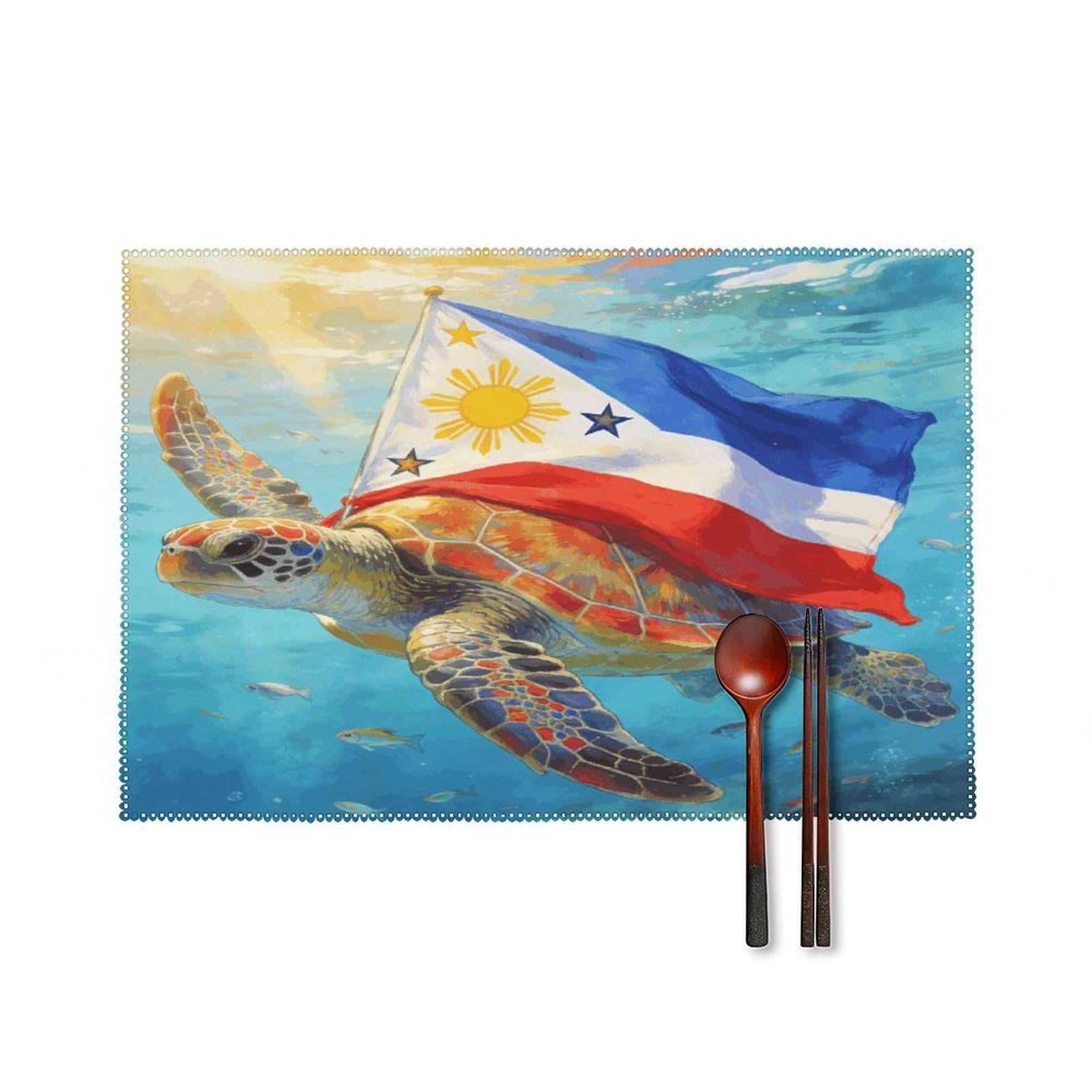 Khauerbc Style Colorful Sea Turtle And National Flag Placemats Set Of 6,Decorating The Dining Table，Canvas Washable Table Mats，Wipe Clean Anti Slip Dining Table Place Mats For Party Kitchen Dining Decoration
