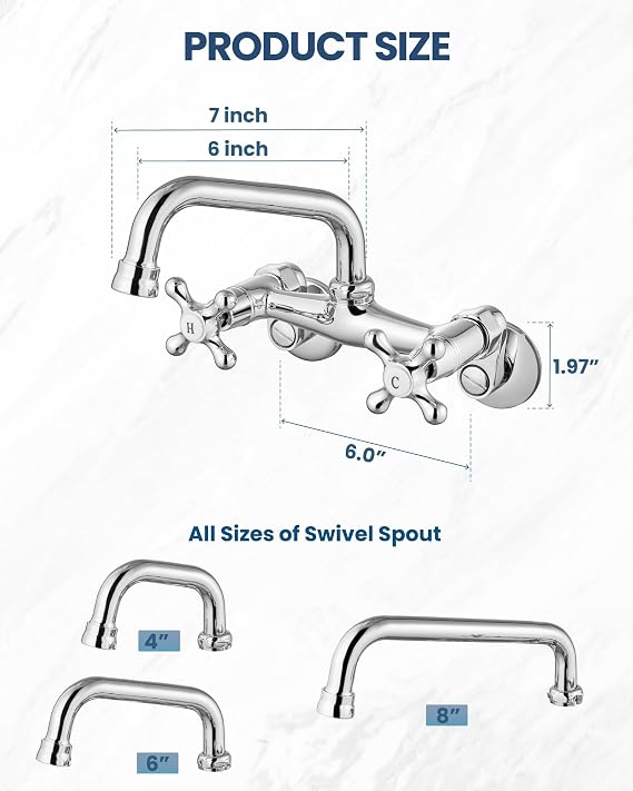 Airuida Wall Mounted Kitchen Faucet Chrome Polish 6 Inch(15cm) Spout Reach 6 Inch Center Adjustable Center Double Cross Handles Mixer Tap 360 Rotatable Commercial Utility Laundry Restaurant Faucet
