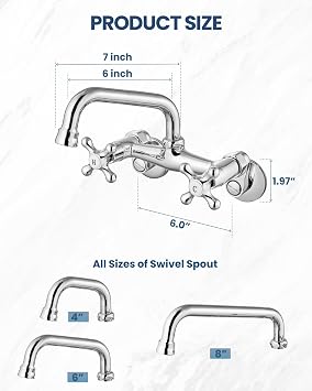 Airuida Wall Mounted Kitchen Faucet Chrome Polish 6 Inch(15cm) Spout Reach 6 Inch Center Adjustable Center Double Cross Handles Mixer Tap 360 Rotatable Commercial Utility Laundry Restaurant Faucet