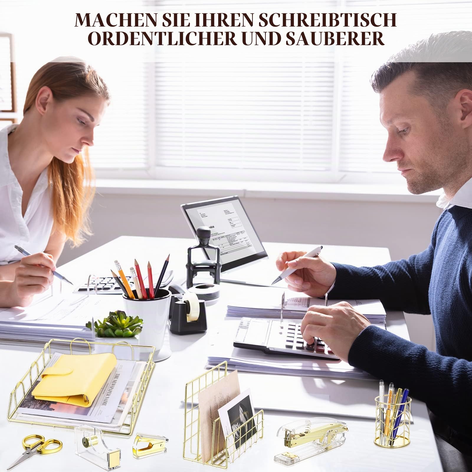 13-teiliges Schreibtisch-Organizer, Bürozubehör-Set, Magazin-Aktenordner, Briefsortierer, Stift, Becher, Notizhalter, Handyhalter, Heftklammern, Kugelschreiber, Schere für Zuhause (Gold)